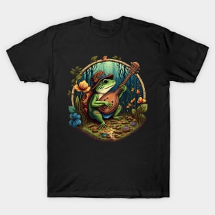 Cottagecore aesthetic cute frog playing ukelele on Mushroom T-Shirt